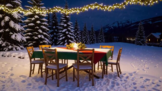 Exterior Dining Furniture Arranged for Al Fresco Meals During the Festive Season, Illuminated by String Lights and Surrounded by Snow