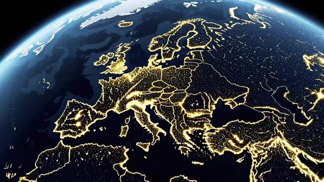 three-dimensional dark map with illuminated details showing urban and population density