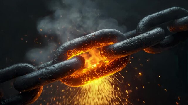 Fiery Chain Link Snaps Amidst Smoke and Sparks