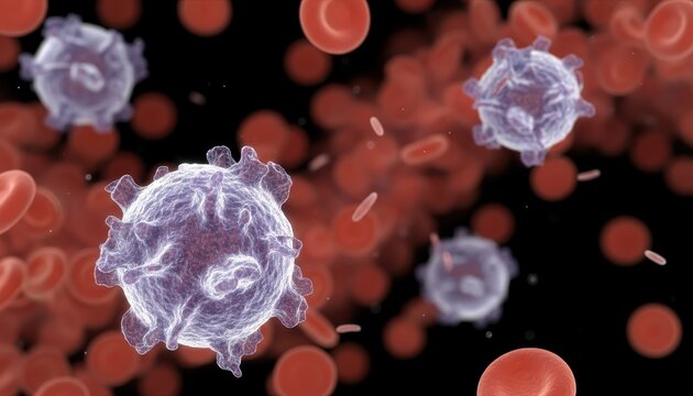 Microscopic view of viruses and red blood cells in a complex biological system.