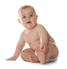 Cute little baby in diaper sitting on white background