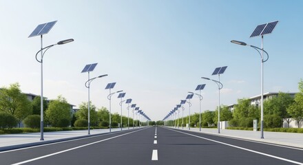Solar-powered street lamps on an empty road under a clear sky