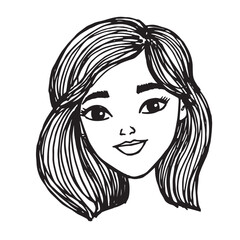 Beautiful Woman Doodle Black and White Illustration Fashion Girl Portrait Line Art Sketch Vector