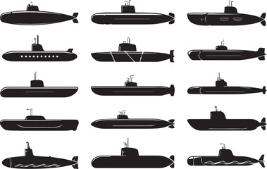 15 submarine silhouette vector icons set ai eps png jpeg naval military underwater ocean design collection