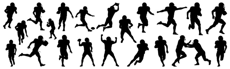 American football silhouette collection in black. Players running, throwing, tackling, catching, and celebrating with ball