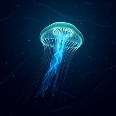 Fototapeta premium A mesmerizing bioluminescent blue jellyfish gracefully floating in the dark, deep ocean, its ethereal form illuminating the surrounding water.