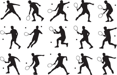 vector tennis player silhouette pack showcasing forehand backhand serve and athletic motion poses