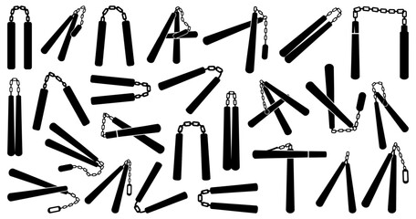 Nunchaku silhouette collection. Martial arts weapons in simple black shapes. Various nunchaku positions with chains and sticks