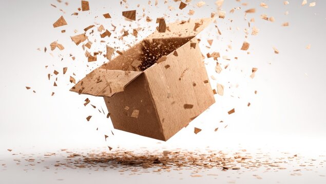 Open cardboard box explodes in a flurry of fragments - Powered by Adobe