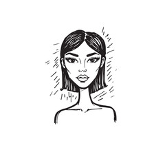 Beautiful Woman Doodle Black and White Illustration Fashion Girl Portrait Line Art Sketch Vector
