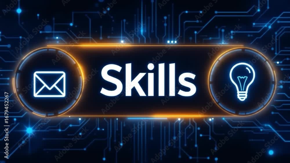 Aufkleber skills word with icons and circuitry text typography