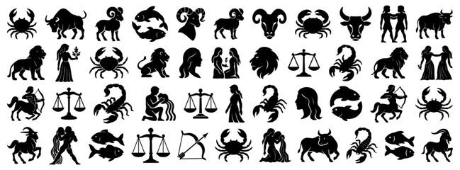 Zodiac signs in black. Includes Leo, Virgo, Scorpio, Libra, Aquarius, Pisces, Cancer, Taurus, Aries, Sagittarius, Capricorn, Gemini. Astrology and horoscope symbols