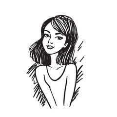 Beautiful Woman Doodle Black and White Illustration Fashion Girl Portrait Line Art Sketch Vector