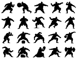 Fototapeta premium Sumo wrestling silhouette collection in black. Wrestlers grappling, pushing, and preparing in traditional sport poses
