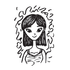 Beautiful Woman Doodle Black and White Illustration Fashion Girl Portrait Line Art Sketch Vector