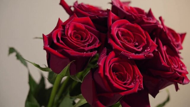 Tightly Framed of Crimson Blossoms Adorned with Moisture Beads, Evoking Sentiments of Affection and Amorousness