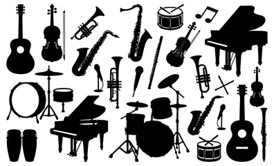 Musical instruments silhouette collection.Set of guitars, drums, violins, trumpets, saxophones, and pianos in black vector style