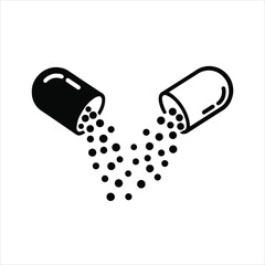 Open medicine capsule with powder spilling out isolated on white background