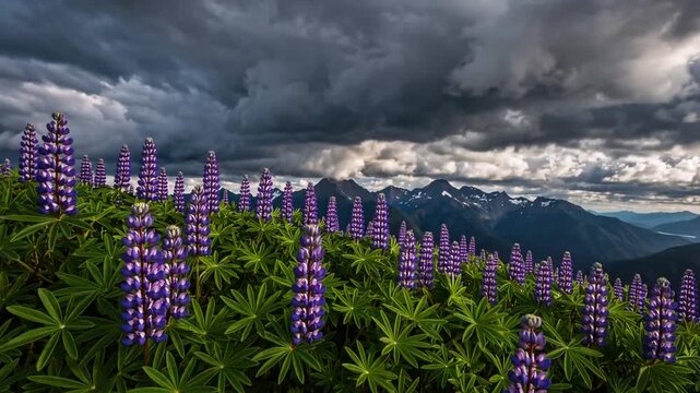Flowering plant and mountain range in specific geographical location vertical orientation