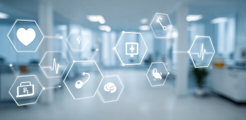 Medical technology interface overlaid on a blurred medical office background.  Hexagon shaped icons of medical symbols and information appear to be superimposed on the scene