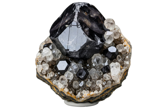 Black morion and clear quartz crystals inside a geode formation isolated on a transparent background