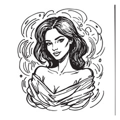 Beautiful Woman Doodle Black and White Illustration Fashion Girl Portrait Line Art Sketch Vector