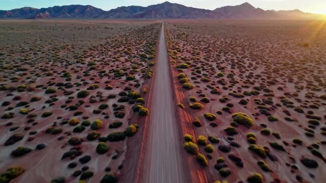 Aerial footage captured by drone showing converging path of unpaved road with mountainous terrain in the distance