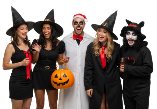 Joyful multiracial family in Santa hats exchanging Christmas gifts together by a white tree on an isolated background
