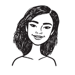 Beautiful Woman Doodle Black and White Illustration Fashion Girl Portrait Line Art Sketch Vector