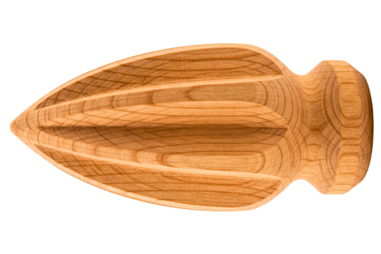 Handheld wooden citrus reamer for juicing lemons and limes isolated on a transparent background