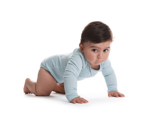 Portrait of cute little baby on white background