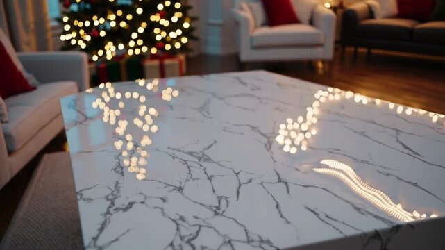 Empty Placement Area on White Marble Surface Coffee Table in Festive Holiday Living Room Setting