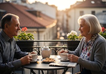 Charming senior couple enjoying coffee and conversation on a sunlit balcony with city view