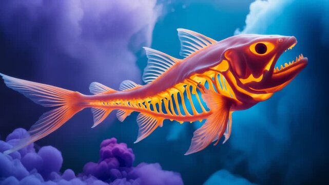 Orange Fish Skeleton Swims Through Ink Clouds