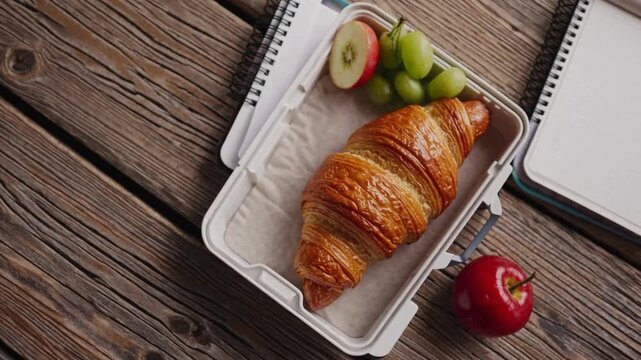 lunch box containing croissant, assorted fruits and vegetables on wooden background with notebook with empty space for text