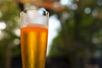 Cold glass of golden beer with foam on top against blurred outdoor background