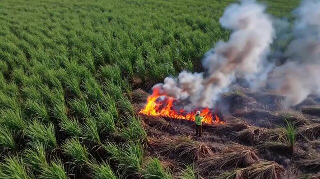 Agricultural Blaze in Field of Sugarcane to Remove Dry Foliage Before Harvesting in Regional Location