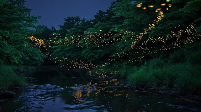 Illuminated Flying Beetles Emitting Light Over Woodland Stream During Nighttime Hours