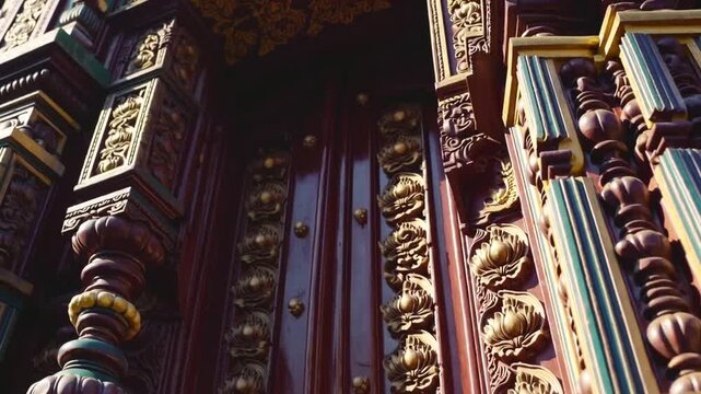 detailed close-up view of the intricate traditional Hindu architectural details of the Shri Mangesh temple in Goa