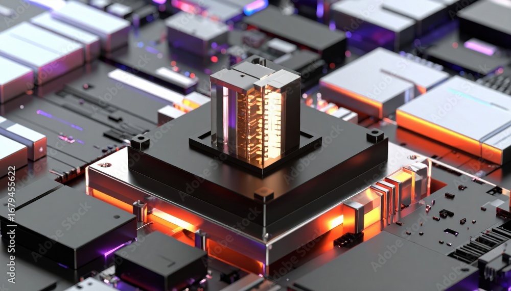 Poster a close-up of a futuristic computer chip with intricate designs and glowing elements, showcasing adv
