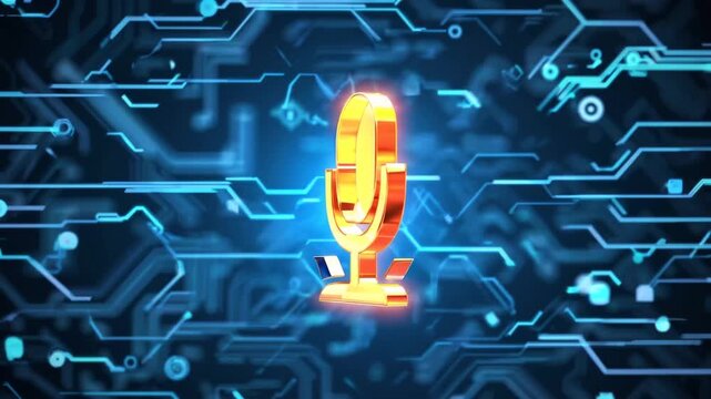 Luminous Tangerine Colored Microphone Emblem On Advanced Technological Backdrop