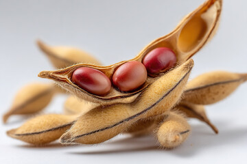 Macro shot of an open bean pod revealing three reddish-brown seeds, surrounded by more pods against a clean white backdrop.