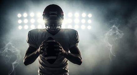 Intense American football player in uniform, holding the ball under dramatic stadium lights, enveloped in smoke, showcasing power and readiness for the game