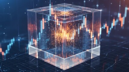 Futuristic cube displaying stock market data with glowing lights - Powered by Adobe