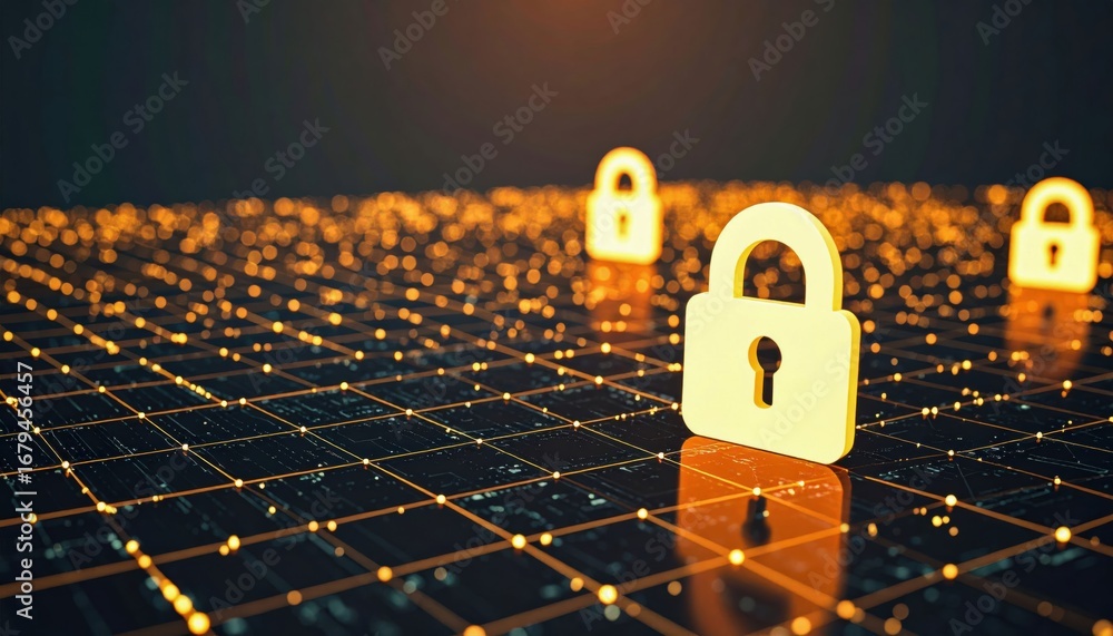 Poster a digital landscape featuring glowing padlocks on a grid, symbolizing cybersecurity and data protect