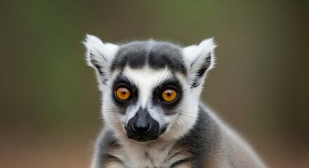 Obraz premium Close-up portrait of a ring-tailed lemur with striking orange eyes, looking directly at the viewer.