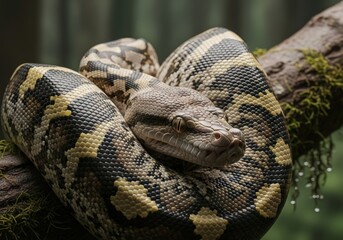 Obraz premium A large snake coiled on a tree branch, showcasing its detailed patterns and scales