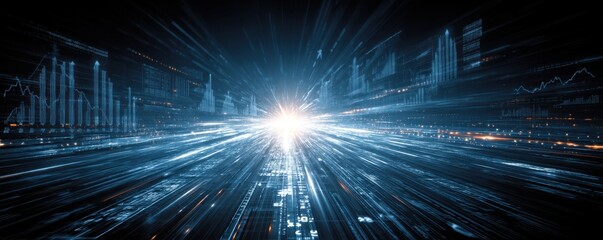 Futuristic light beams radiating amidst digital data streams and graphs