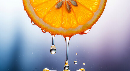 Vibrant Dripping Fruit Slice Suspended in Mid Air with Defying Droplets  
