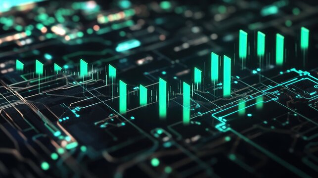 Glowing circuit board with green data bars representing digital information flow and processing, ideal for technology and innovation concepts, on a dark background - Powered by Adobe